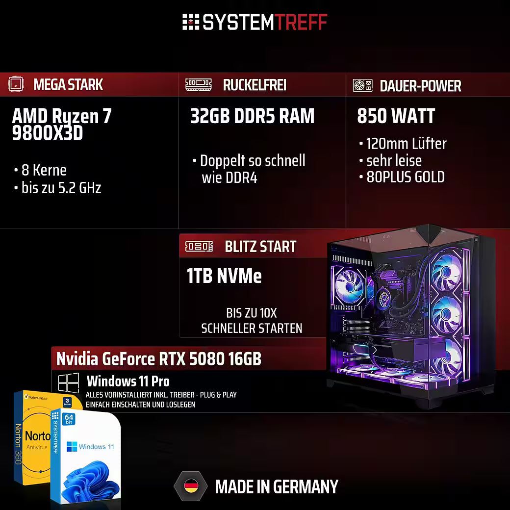 SYSTEMTREFF AMD Ryzen 7 9800X3D Gaming-PC mit NVIDIA GeForce RTX 5080 16GB