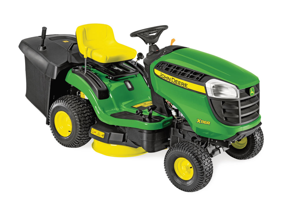 John Deere X116R avec bac de ramassage arrière
