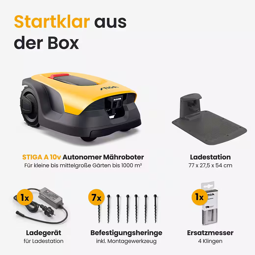 STIGA A 10v – Kabelloser Mähroboter für Flächen bis zu 1.000 m²