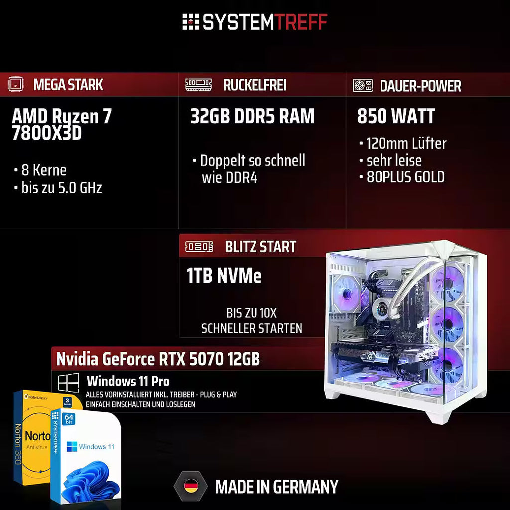 SYSTEMTREFF AMD Ryzen 7 7800X3D Gaming-PC mit NVIDIA GeForce RTX 5070 12GB