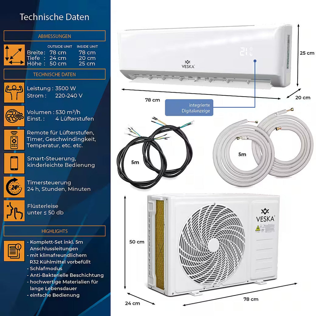 VESKA Split-Klimaanlage Inverter 12.000 BTU – 3,5 kW