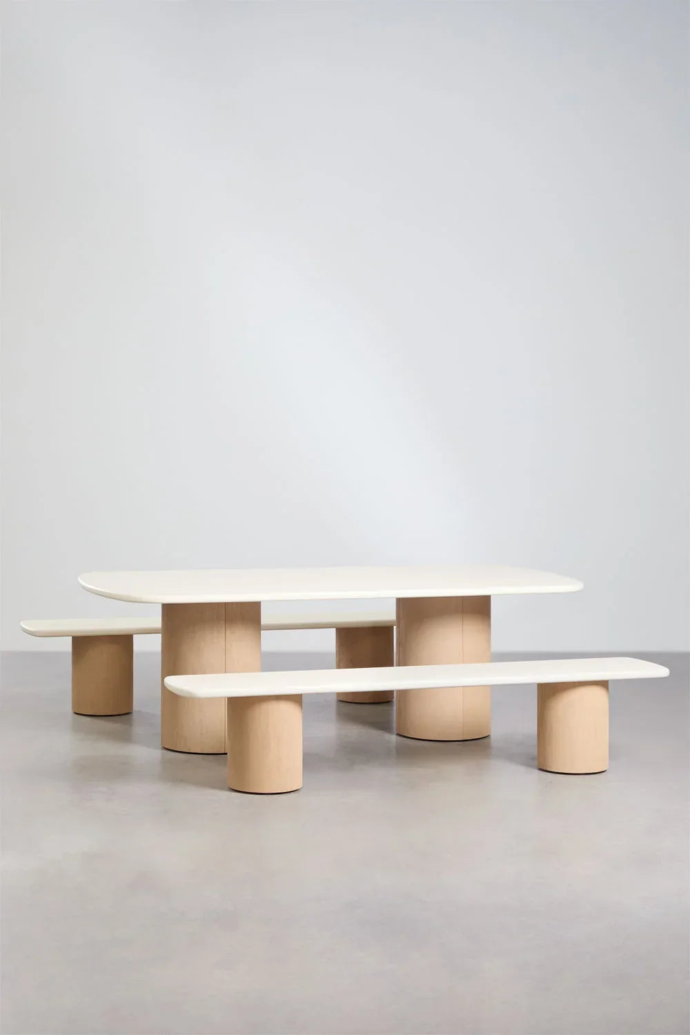 Ensemble de table de jardin rectangulaire Sharpay 230x110 cm avec 2 bancs de jardin en ciment et bois d'acacia