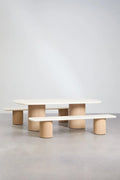 Ensemble de table de jardin rectangulaire Sharpay 230x110 cm avec 2 bancs de jardin en ciment et bois d'acacia