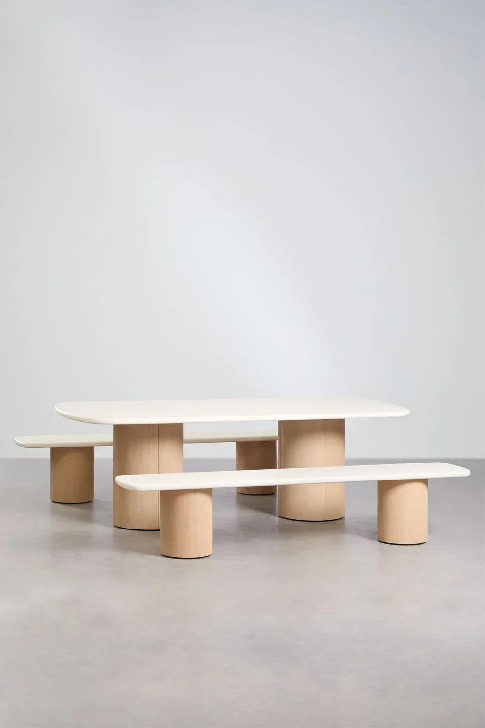 Ensemble de table de jardin rectangulaire Sharpay 230x110 cm avec 2 bancs de jardin en ciment et bois d'acacia